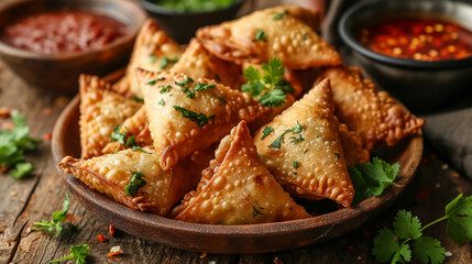 Fried samosas with vegetable filling, popular Indian snacks on wooden board