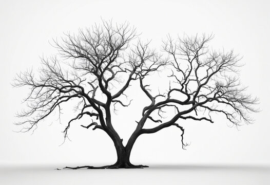 Dead tree silhouette isolated on white background. Black tree branches backdrop. Natural texture for graphic design and decoration. Artistic depiction in black and white.