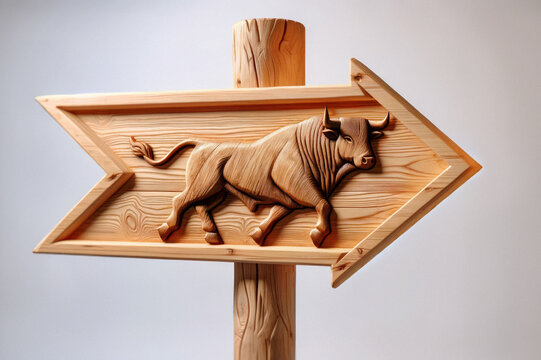 rustic wooden arrow road sign with a bull engraved. Metaphor for the optimistic direction of the stock market's next bull run 