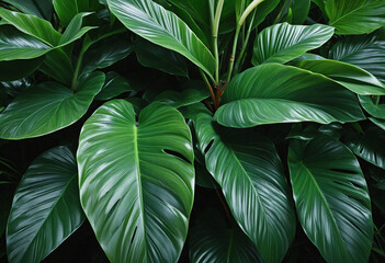 Lush green leaves of tropical plant in a garden. Deep, glossy green leaf texture creates a serene spa background. Vibrant foliage for a soothing wallpaper. Decorative plant adds natural beauty to the 