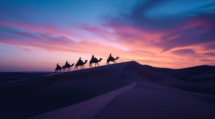 Fototapeta na wymiar Caravan travelling over dunes in the desert