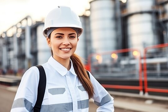 Portrait of a female engineer wearing a hard hat and safety gear at an industrial facility