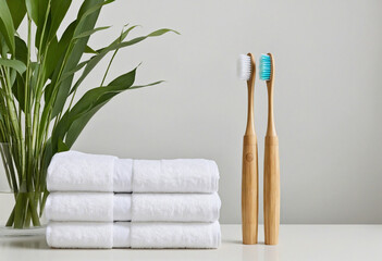 bamboo toothbrushes, towels, and potted plants