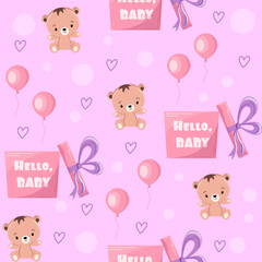Vector children's delicate seamless pattern with bears, balloons, gift boxes on a pink background with hearts. Ideal for baby prints, textiles, nursery design, wrapping paper, scrapbooking.