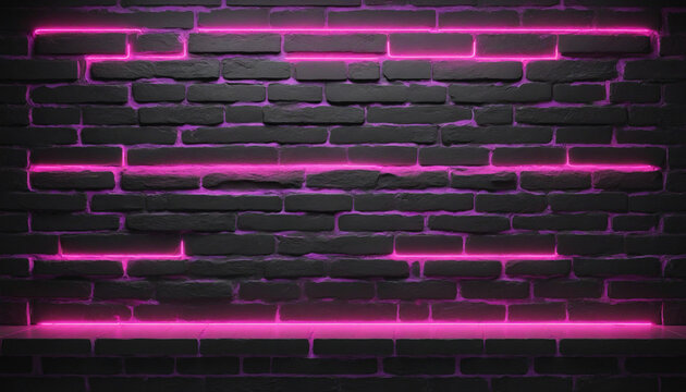 Neon pink lights on black brick wall with green glow. High-quality royalty-free stock photo of empty space with copy space for texture background.