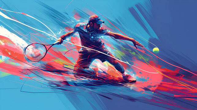 Tennis player with a focus on a dynamic stride, vibrant colors, abstract background