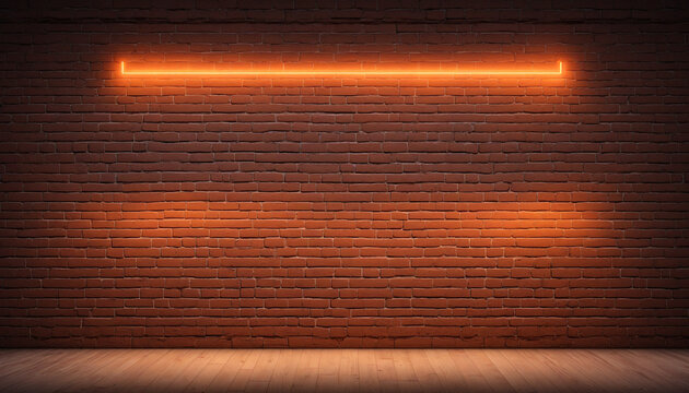Blank brick wall illuminated by orange neon light for copy space. High-quality stock photo of empty background with glowing orange glow. Perfect texture for design projects.