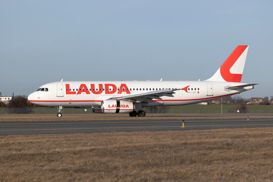 PRAGUE - December 27, 2023: Lauda Europe Airbus A320-232 REG:9H-LOP at Vaclav Havel Airport Prague. From London to Prague.Lauda Europe Limited is a Maltese low-cost airline.