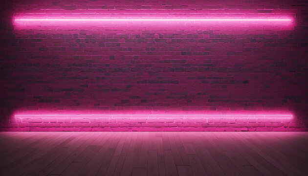 Pink neon light illuminating empty brick wall with copy space. High-quality stock photo of blank textured background with pink glow.