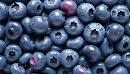 Blueberry fruit background, purple berries covered with water drops - obrazy, fototapety, plakaty