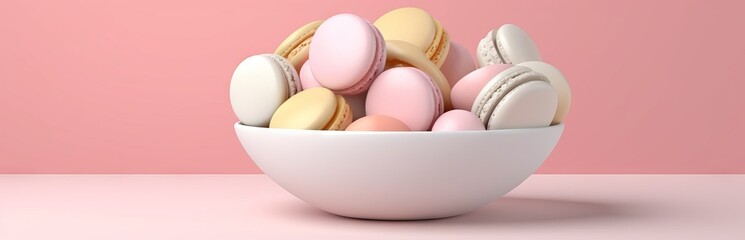 Macarons in a white bowl on a pink background. Banner with copy space
