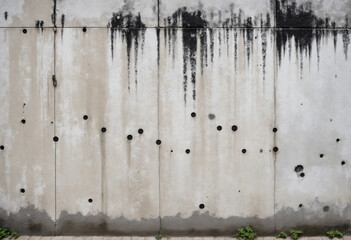 Monochrome distressed concrete wall background. Symbolic of sorrow, despair, and sorrow. Weathered white cement wall with black mold spots.