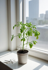 Hydroponically grown young tomato plant on white table near sunny window with shallow depth of field