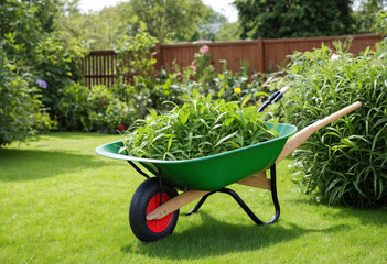 using a wheelbarrow, tending to the green lawn, using a shovel to remove uprooted weeds.