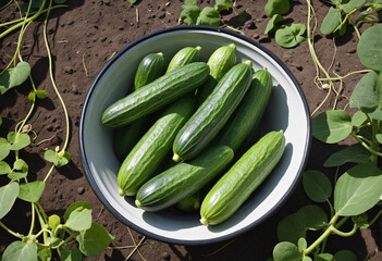 Freshly harvested cucumbers in a bowl in the vegetable garden.