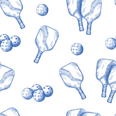 Vector seamless pattern with pickleball equipment. Background with balls and rackets. - 710974534