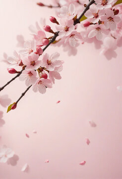 Cherry blossom background image. Cherry blossom pastel pink abstract background. Sakura or cherry flower shaped paper cutouts on soft pink background. Shallow depth of field.