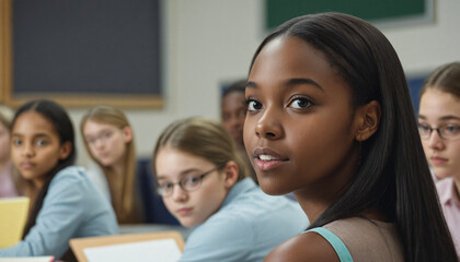 Stylish African American Teenage Girl Engaged in Classroom Discussion with Diverse Group of Students. Blurred Background.