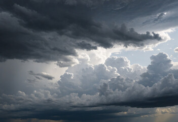 Obraz premium Gloomy sky and clouds depicting sadness and sorrow. Nature's melancholic backdrop with stormy clouds and lightning. Gray skies with fluffy white clouds darkened by thunder and sadness. A somber and mo