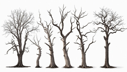Eerie collection of isolated dead trees on white background. Quality stock image with spooky scenery. Ideal design elements for illustrations.
