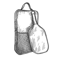 Vector sport illustration with bag for rackets. Pickleball equipment. Black and white. - 710975591