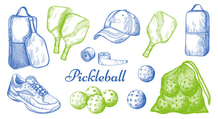 Vector sport illustration with Pickleball equipment. Balls, rackets, bag, sneaker, cap. - obrazy, fototapety, plakaty