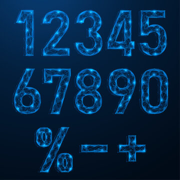 Digital numbers and symbols.  Polygonal design of lines of points. Blue background.