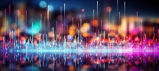 Blurred bokeh background with abstract financial technology symbols and dynamic light streaks