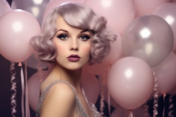 Elegant woman with silver hair and pink balloons