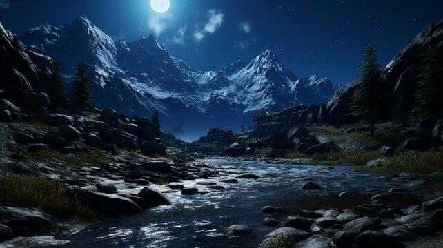 A moonlit alpine valley, with meandering streams and wildflowers, framed by towering peaks in the moonlit night -Generative Ai