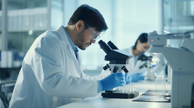 A laboratory is being used by two male asian and arab researchers who are conducting research on biohazard substances using scientific equipment and a microscope.