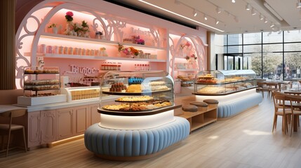 Pink and blue pastel bakery interior with cakes and pastries
