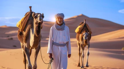 Foto op Plexiglas Camel rider with camels travelling over dunes in the desert © Eliya