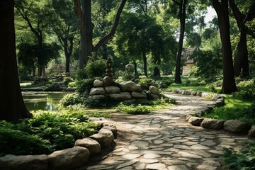 Summer park scene with stone paths and lush greenery. Generative AI