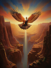 A majestic eagle soaring above a canyon, the canyon scene morphing into an open book created with Generative Ai