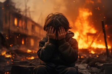 a little boy is crying covering his face with his hands against the backdrop of a war explosion.