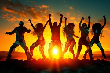 Fototapeta premium Energetic entertainment backdrop blurred bokeh with vibrant stage lights and silhouettes