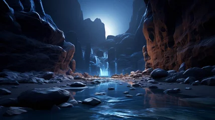 Tuinposter A moonlit canyon, its sheer cliffs adorned with glistening snow, creating a breathtaking spectacle in the dead of night -Generative Ai © Online Jack Oliver