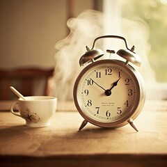 Retro alarm clock and cup of tea on a wooden table