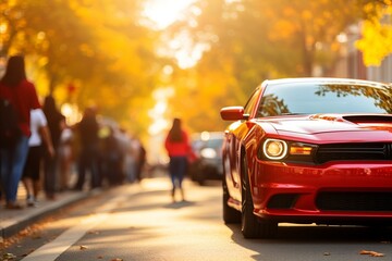 Blurred bokeh effect panoramic shot of car show with passionate crowd admiring vehicles