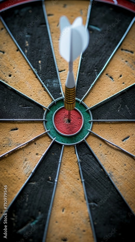Poster close up of dart hitting bullseye in precise aim for success