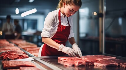 Fresh meat is being cut by a woman in a butcher shop using a metal safety mesh glove.