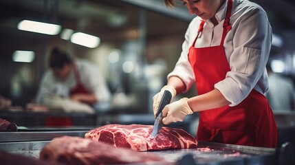 Fresh meat is being cut by a woman in a butcher shop using a metal safety mesh glove.