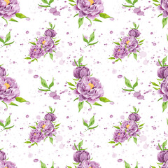 Seamless watercolor pattern with purple peonies. Home textiles. Spring. Interior. Pattern for fabric. Floral background. Watercolor tender pink peonies. Summer. Gift paper. Romance.