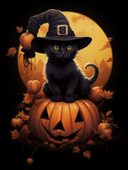 a realistic illustration of a tiny black kitten sitting on a giant pumpkin while wearing a huge black witch hat created with Generative Ai