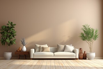 A sofa in a living room with plants and vases