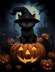 a realistic illustration of a tiny black kitten sitting on a giant pumpkin while wearing a huge black witch hat created with Generative Ai