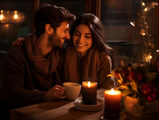 A close-up shot of a happy couple enjoying a romantic dinner in a candlelit restaurant