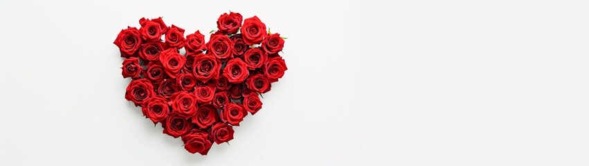  heart shaped red roses flower arrangement on white background.  horizontal wallpaper with large copy space for text. valentine´s day and wedding card or banner, love concept