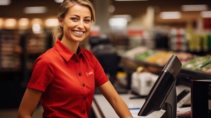 Portrait of a happy young cashier at a grocery store - obrazy, fototapety, plakaty